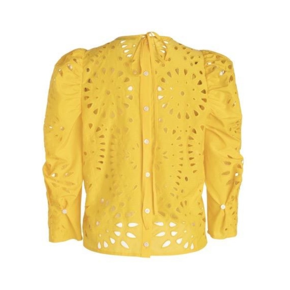 NWT Thakoon Long Puff Sleeve Eyelet Embroidered Silk Cotton Blouse Top Yellow 10 - Picture 2 of 10